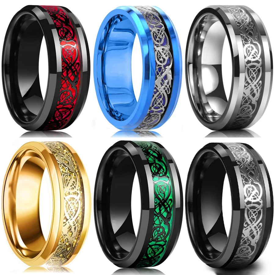 Herren Edelstahlring 8 mm mit keltischem Drachen Inlay 21 Farben Größe 6 bis 13-Yabubest - Home & More