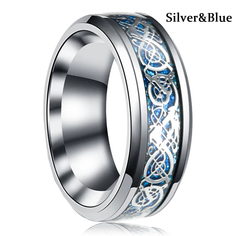 Eleganter Edelstahlring mit keltischem Drachen und Carbon Inlay