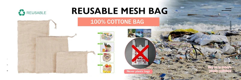 3 Stuecke Wiederverwendbare Baumwolle Netzbeutel fuer Obst und Ge