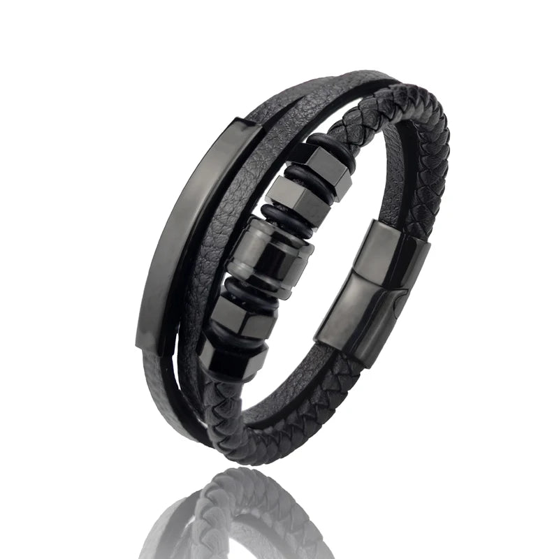 Schwarzes Herren Lederarmband mit klassischem geometrischem Design