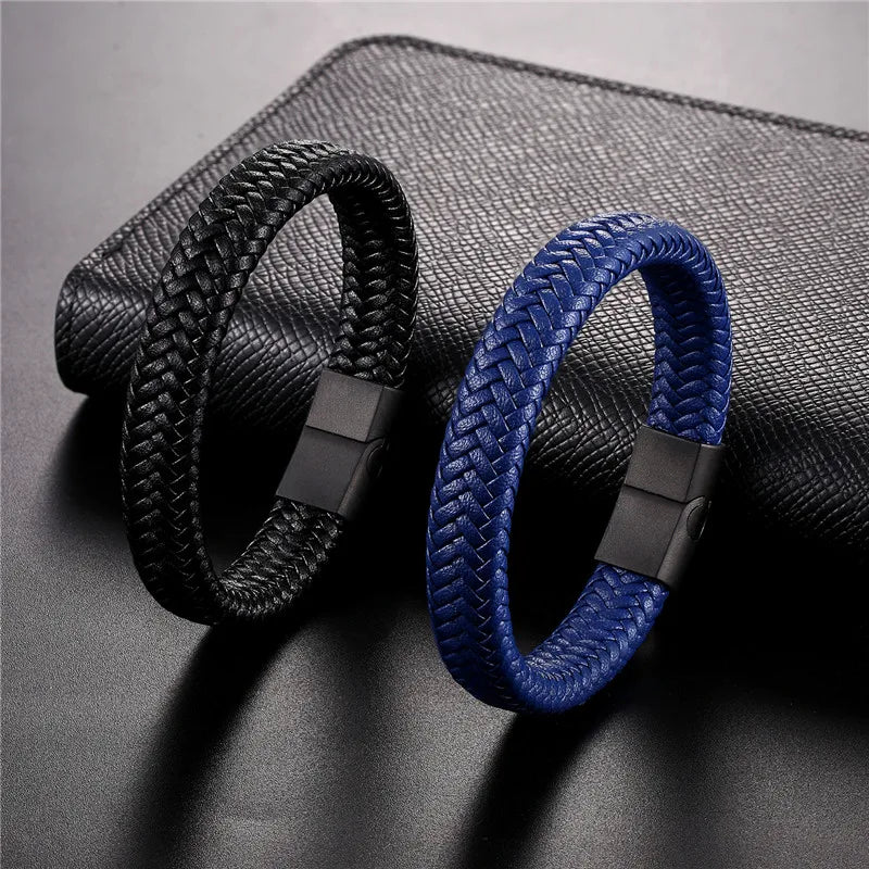 Punk Lederarmband Herren geflochten mit Magnetverschluss Edelstahl