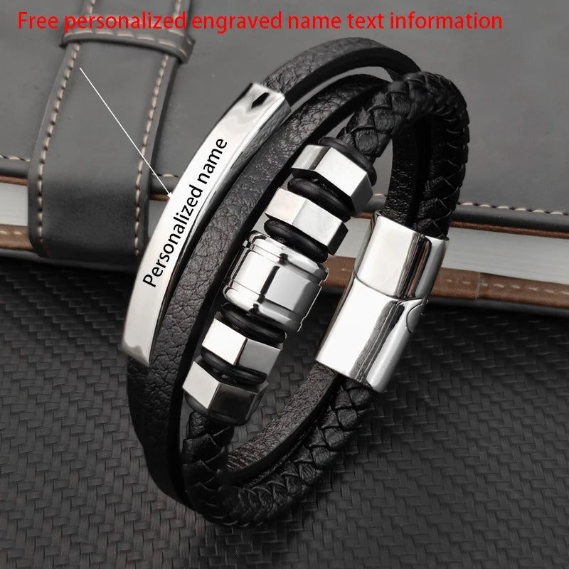 Schwarzes Herren Lederarmband mit klassischem geometrischem Design