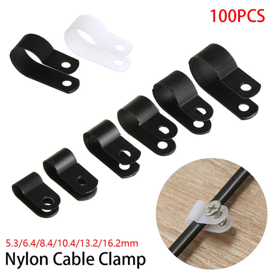 100x R-Typ Nylon Kabelklemmen Schwarz – Kabel Befestigung - Organisation