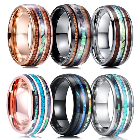 8mm Roségold Edelstahl Ring mit Koa Holz, Abalone und Opal Inlay Herren