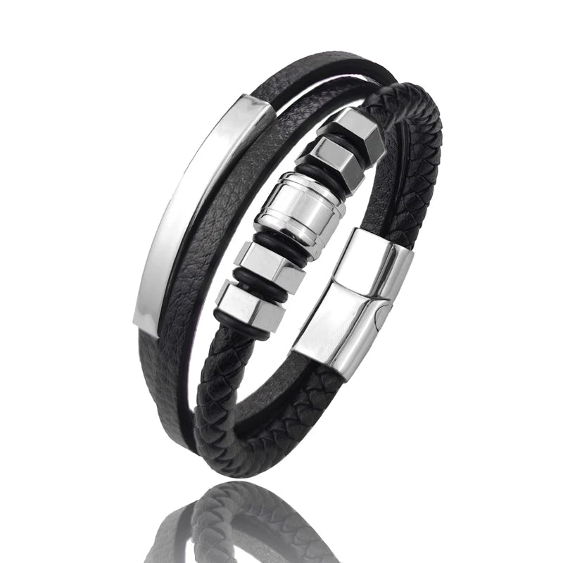 Schwarzes Herren Lederarmband mit klassischem geometrischem Design