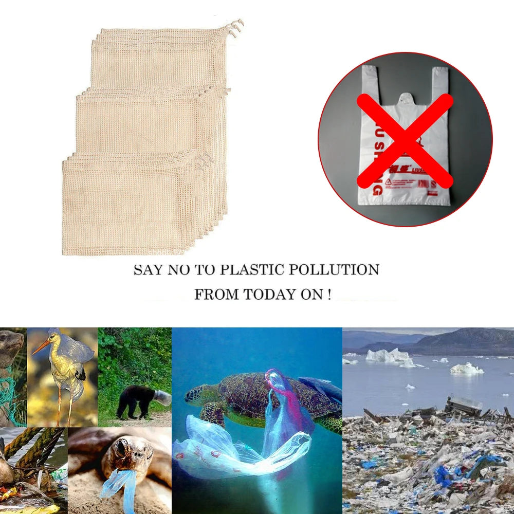 3 Stuecke Wiederverwendbare Baumwolle Netzbeutel fuer Obst und Ge