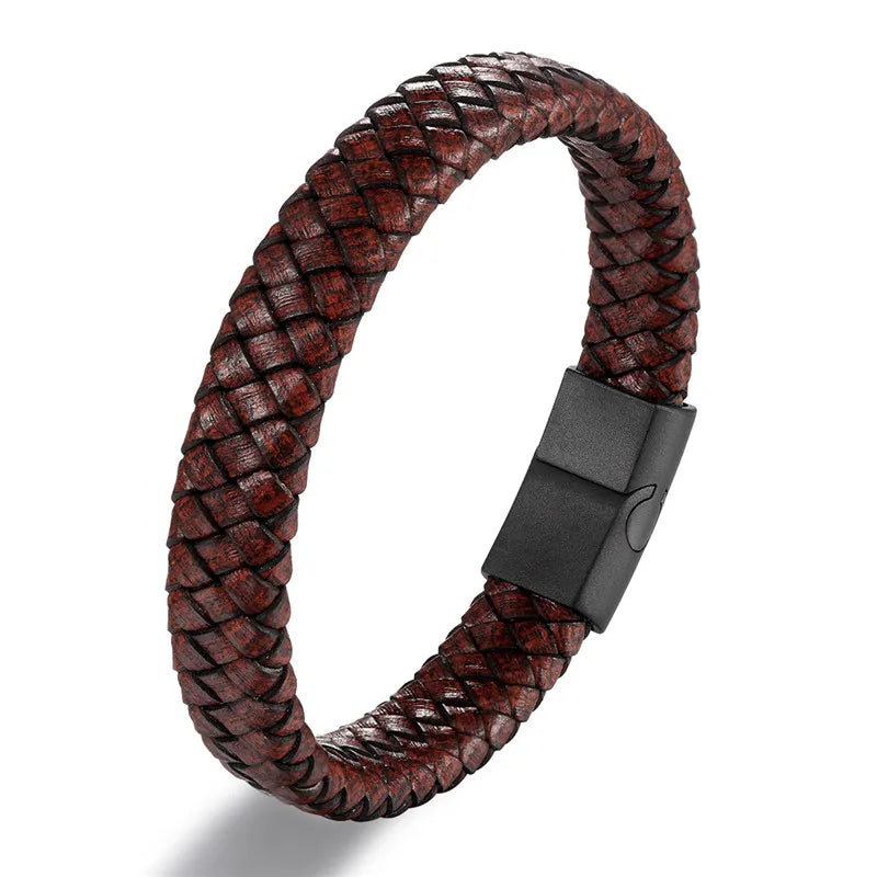 Punk Lederarmband Herren geflochten mit Magnetverschluss Edelstahl