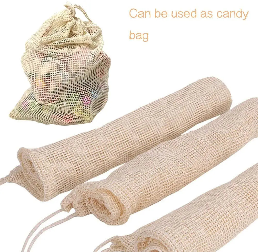 3 Stuecke Wiederverwendbare Baumwolle Netzbeutel fuer Obst und Ge