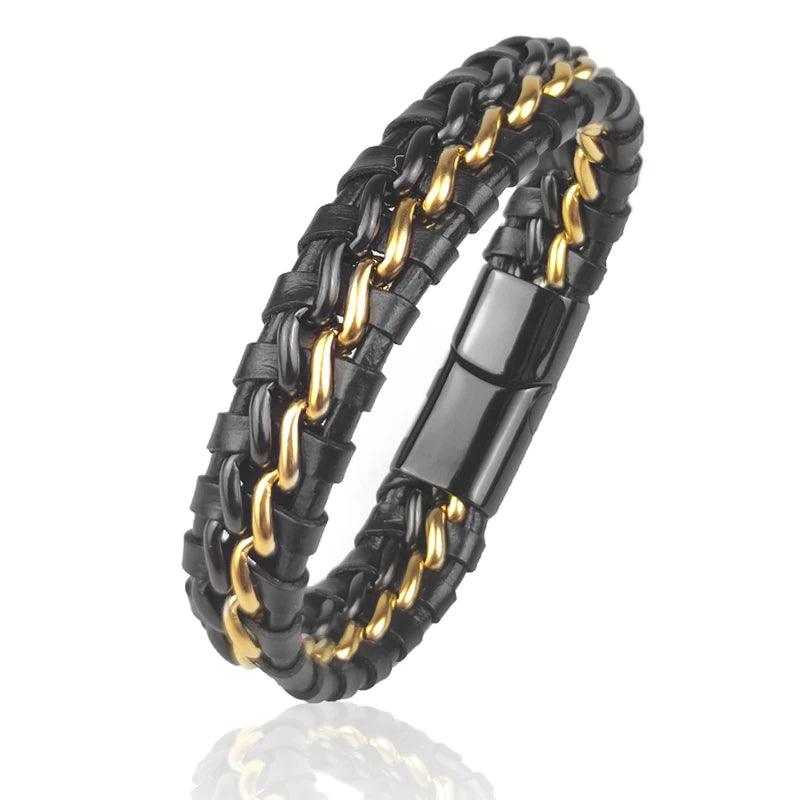 Leder Kettenarmband Herren magnetischer Edelstahlverschluss Goldfarben elegant