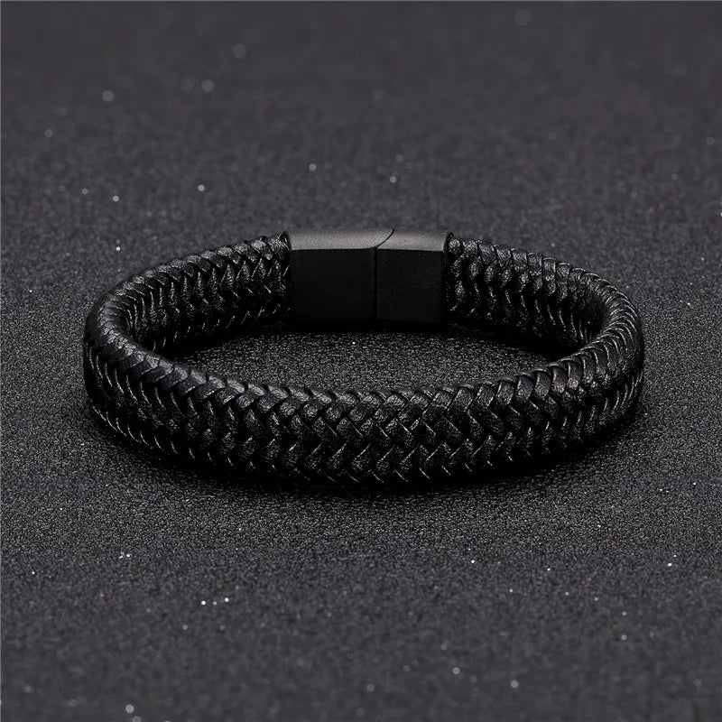 Punk Lederarmband Herren geflochten mit Magnetverschluss Edelstahl