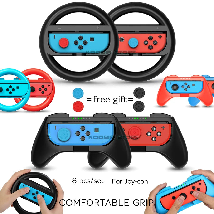Ergonomische Joy-Con Grips mit Lenkrad - Thumbstick Caps aus ABS