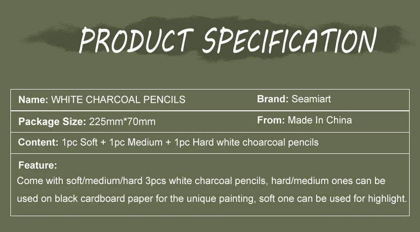 Set 3 Kohlestifte Weiß Weich Mittel Hart für Skizzen und Kunst-Yabubestshop