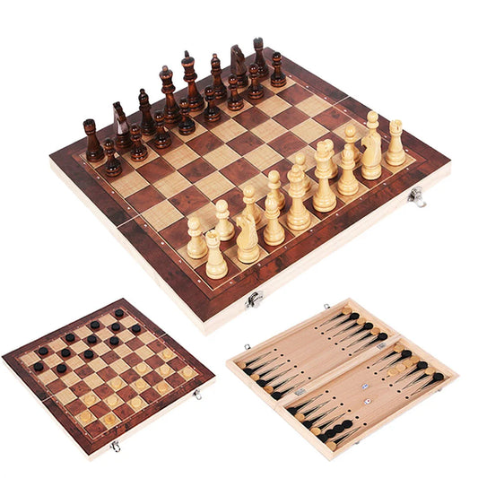 3-in-1 Holz Schach Set mit Backgammon - Dame – Reise - Freizeit