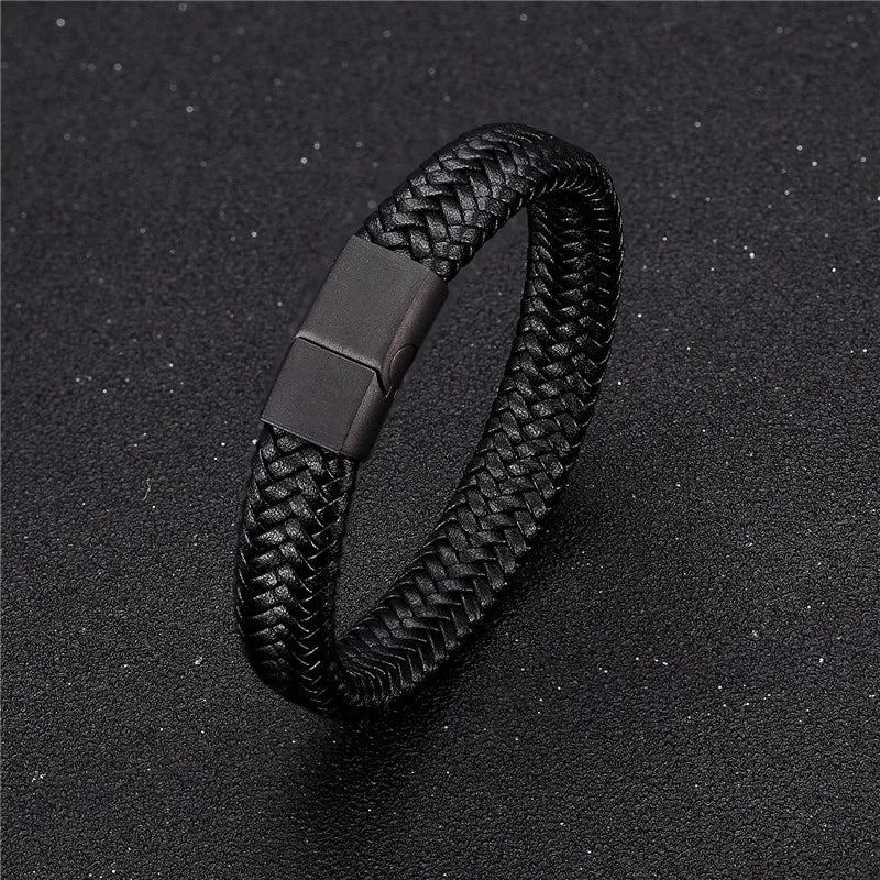 Punk Lederarmband Herren geflochten mit Magnetverschluss Edelstahl