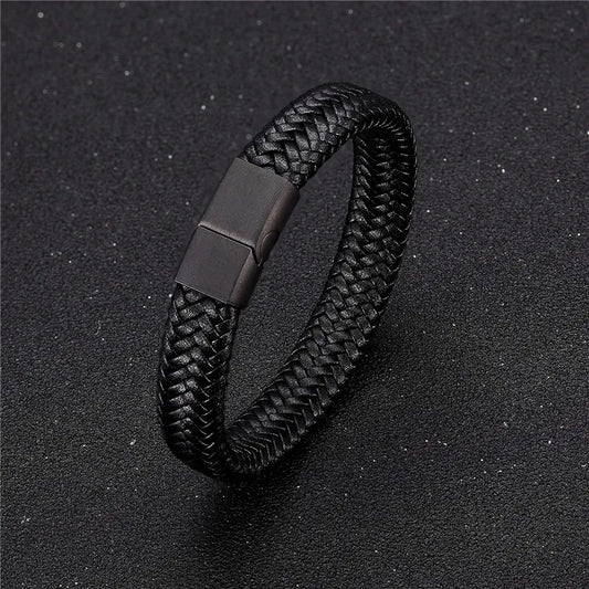 Punk Lederarmband Herren geflochten mit Magnetverschluss Edelstahl