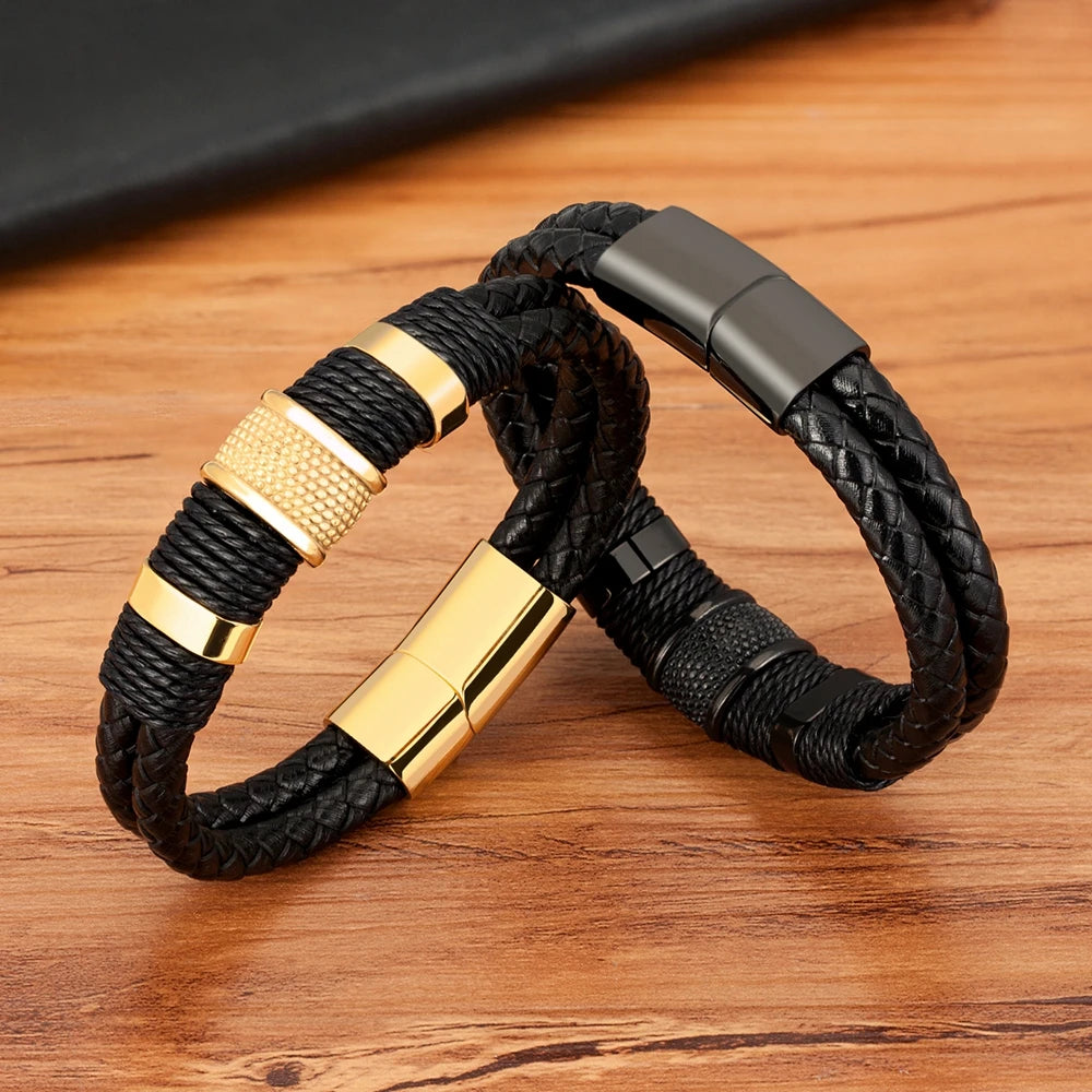 Doppelschichtiges geflochtenes Lederarmband Herren mit Edelstahl Charm
