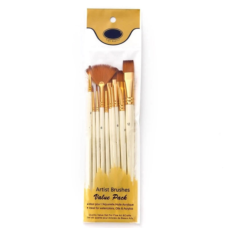 Vielseitiges 10-teiliges Nylon-Pinsel-Set mit Holzgriffen für Acryl - Öl