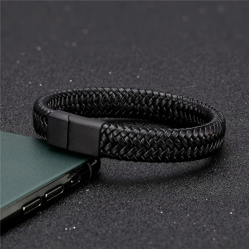 Punk Lederarmband Herren geflochten mit Magnetverschluss Edelstahl