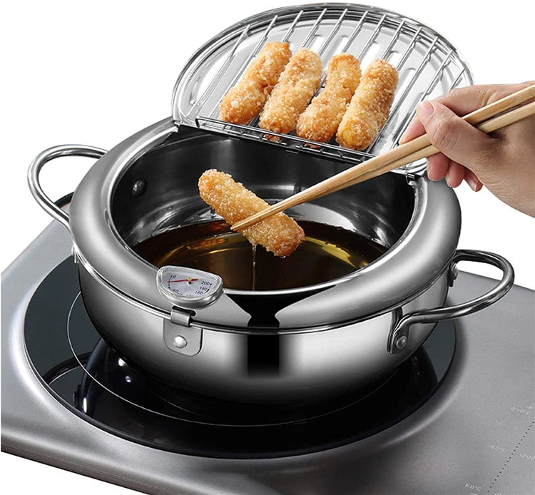 Japanischer Frittier-Topf Edelstahl mit Thermometer und Deckel-Yabubest - Home & More