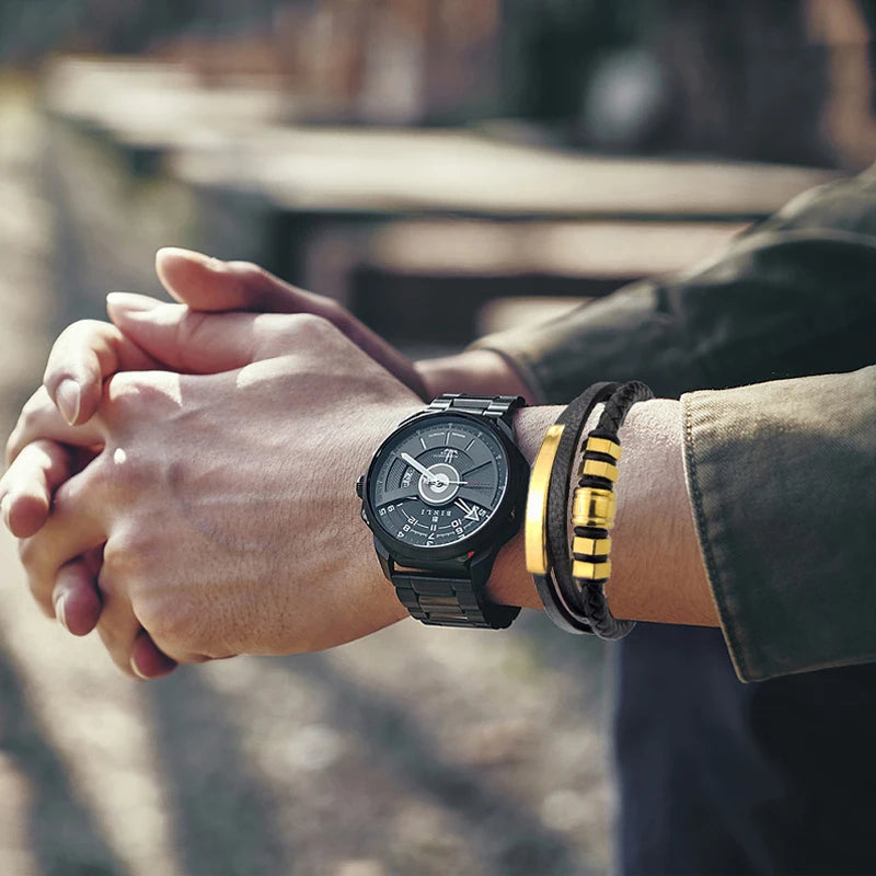 Schwarzes Herren Lederarmband mit klassischem geometrischem Design