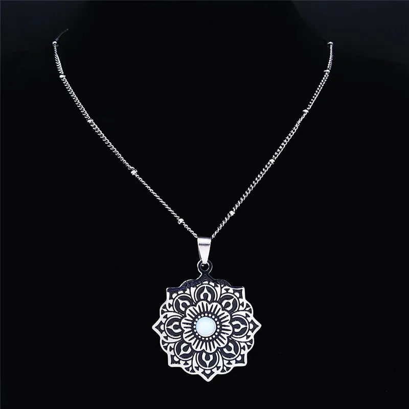 Edelstahl Halskette Blume des Lebens mit Mondstein für Damen Silber