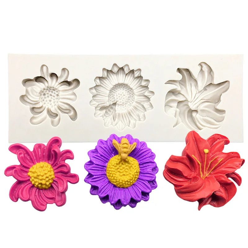 Florale Silikonform für Zuckerblumen – Gänseblümchen, Rose - Chrysantheme Set