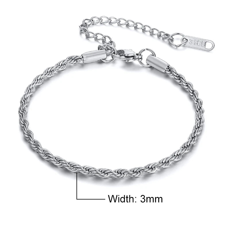 Verstellbares Edelstahl Armband mit gedrehter Seilkette für Damen und Herren