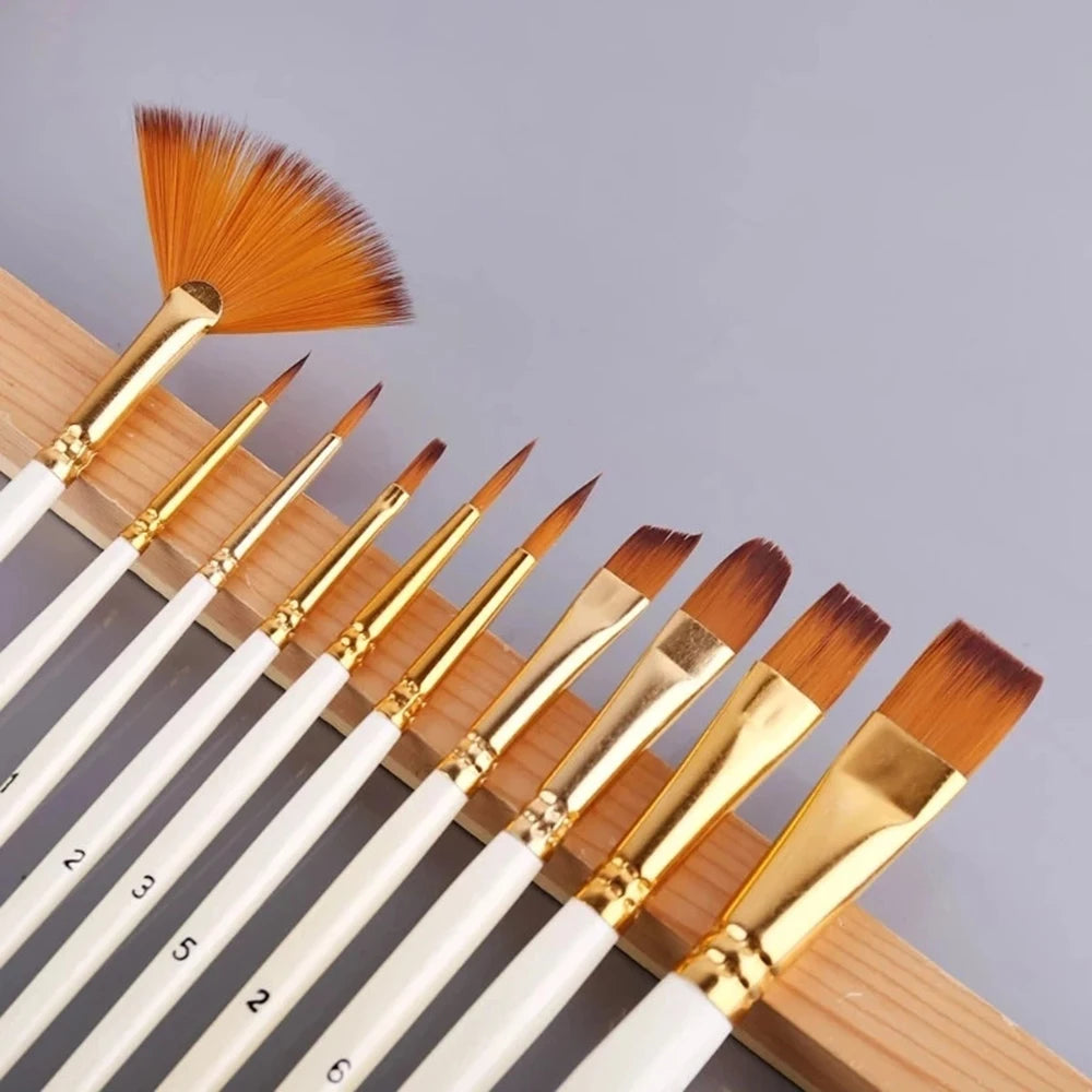 Vielseitiges 10-teiliges Nylon-Pinsel-Set mit Holzgriffen für Acryl - Öl