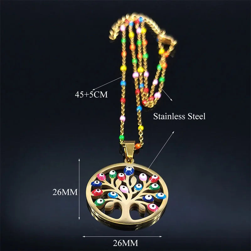 Boho Türkei Auge Baum des Lebens Edelstahl Halskette Gold Farbe 45cm