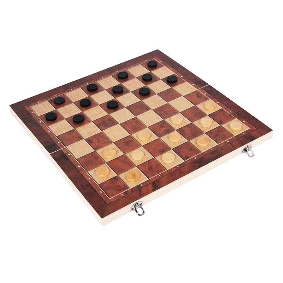 3-in-1 Holz Schach Set mit Backgammon - Dame – Reise - Freizeit