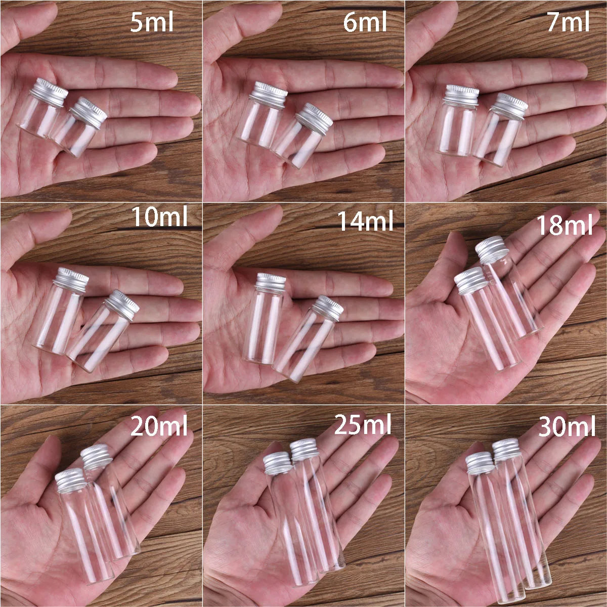 10 Stück Mini Glasflaschen mit Aluminiumdeckel 5 bis 30 ml in 9 Größen