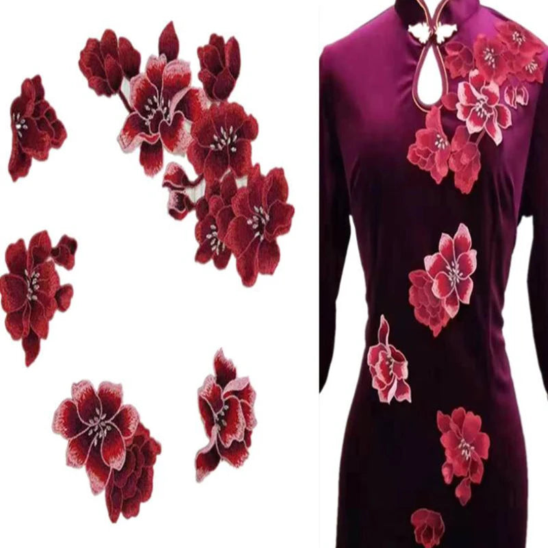 Rote Pflaumenblüten Stickerei Patches 5er-Set zum Aufnähen