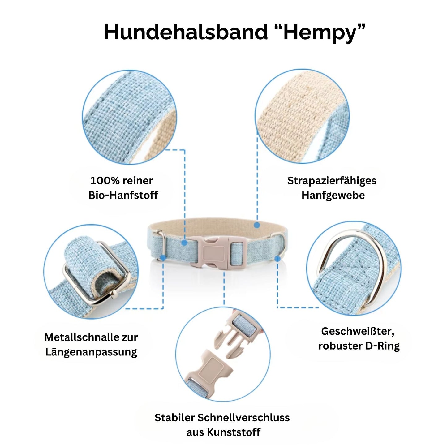 Hundehalsband-Set "Hempy" - Halsband + Leine + gravierte Hundemarke