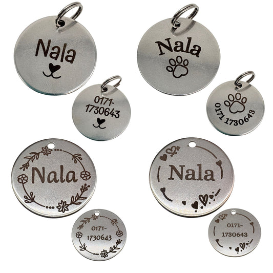 Edelstahl Hundemarke 25mm mit beidseitiger Gravur und Ring