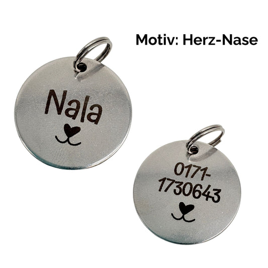 Edelstahl Hundemarke 25mm mit beidseitiger Gravur und Ring