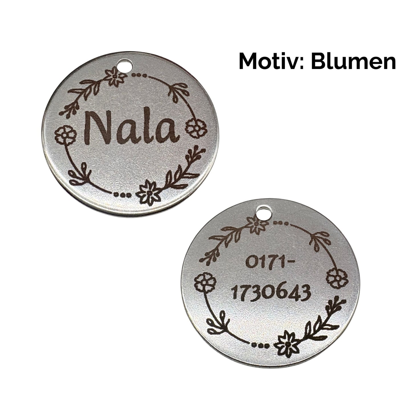 Edelstahl Hundemarke 25mm mit beidseitiger Gravur und Ring