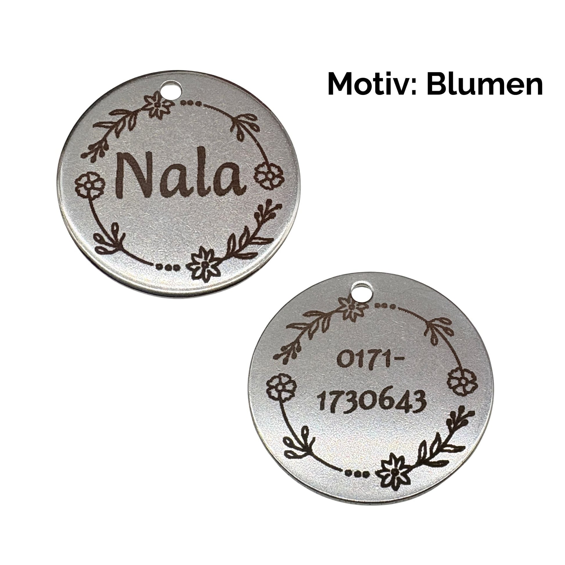 Edelstahl Hundemarke 25mm mit beidseitiger Gravur und Ring