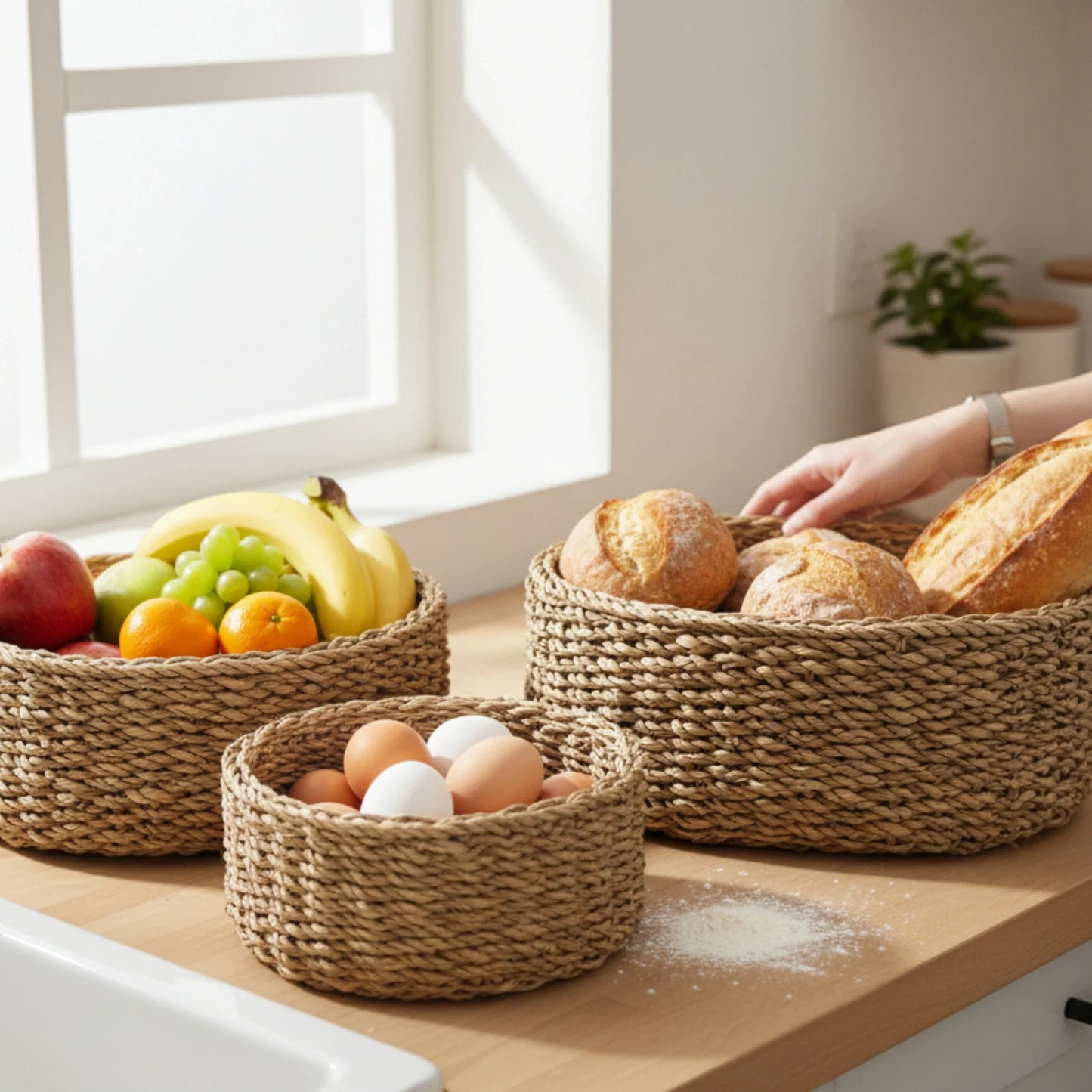 3 Körbe runder Korb Seegras Aufbewahrungskorb Dekokorb natur braun rund Körbche-Miamonda