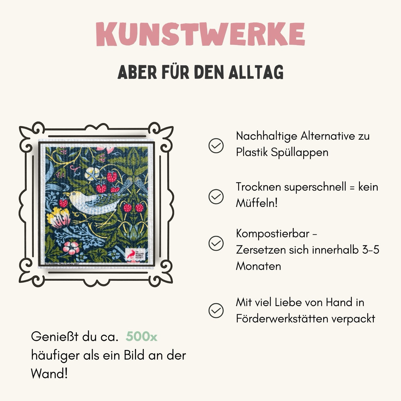 3x Art Spültücher waschbar - Original William Morris Strawberry Thief