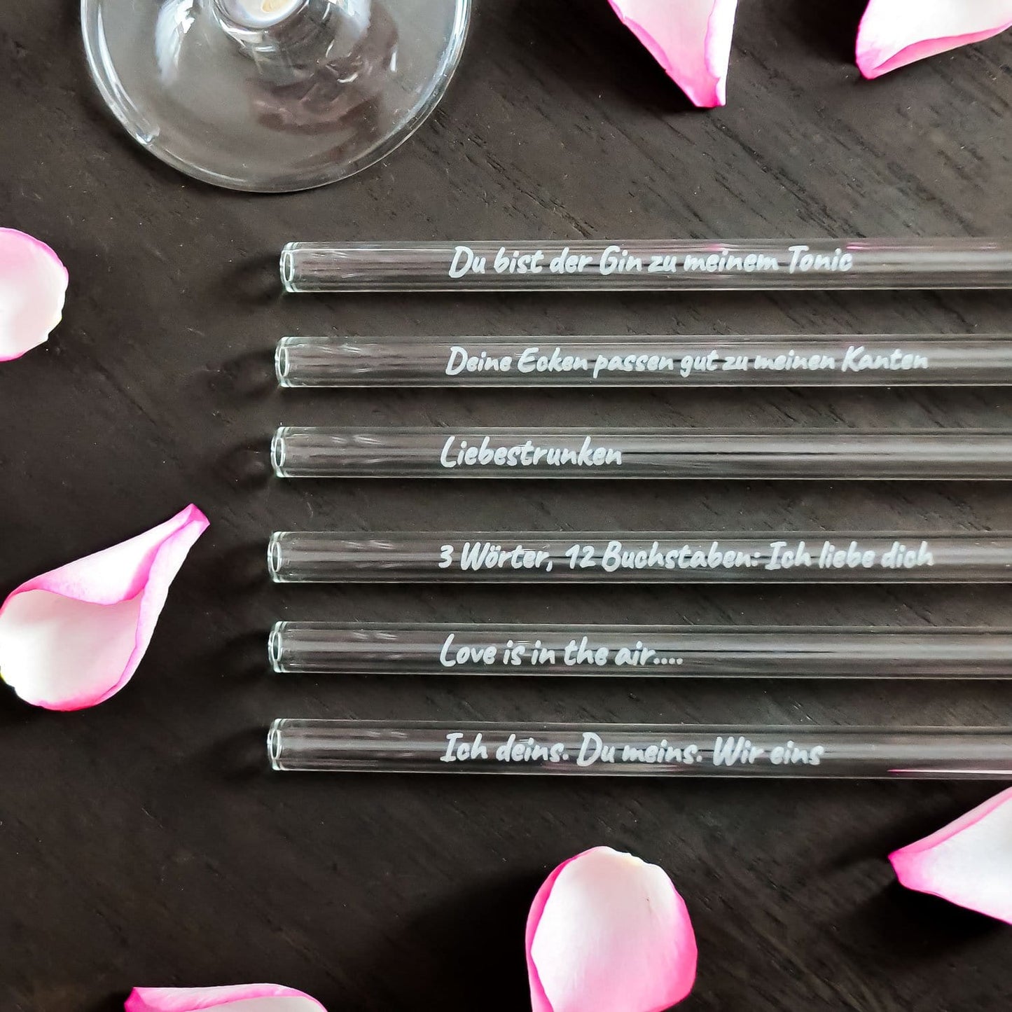 Liebessprüche Edition gravierte Glastrinkhalme mit Sprüchen für die Liebe - 6 Stück