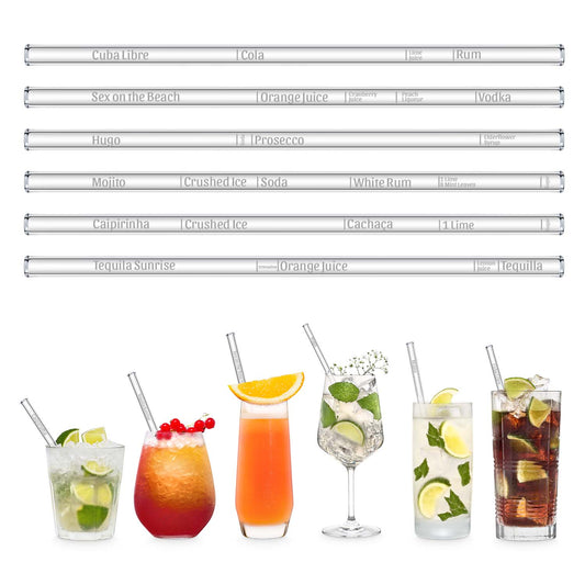 Cocktail Rezepte 3.0 Glasstrohhalme mit gravierten Maßen für perfektes Mixen - 6er Set