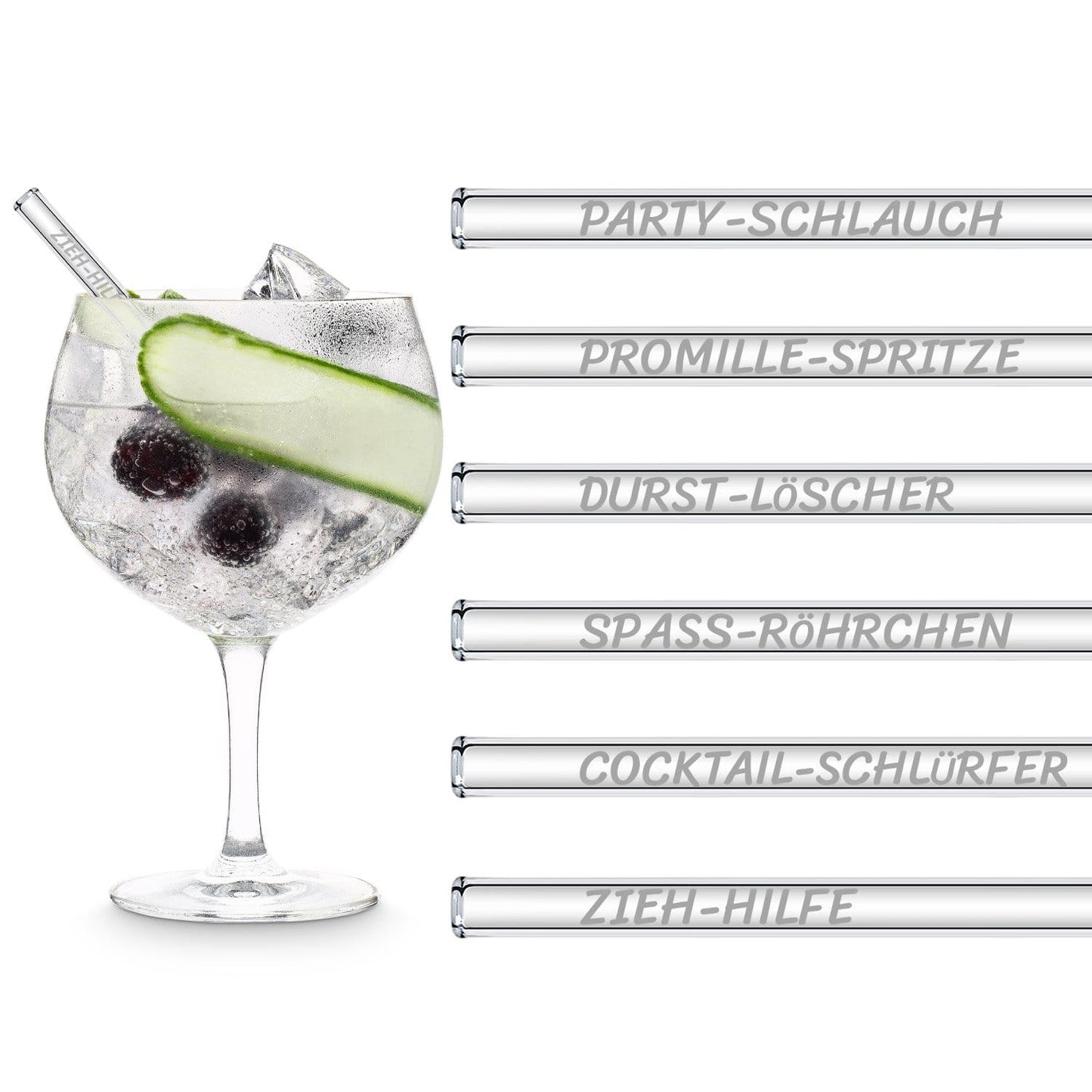 Lustige Strohhalm Namen Edition 6x Glastrinkhalme für Party Cocktails - 15cm, 20cm, 23cm
