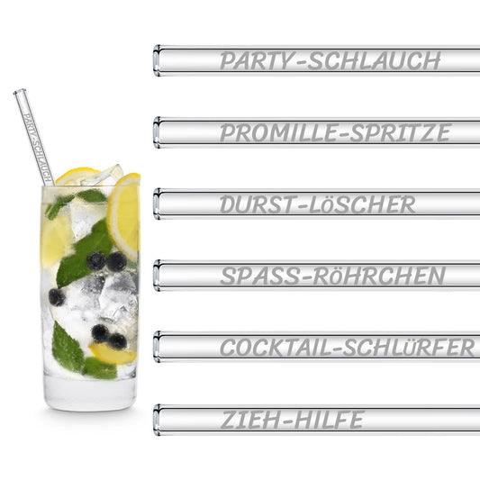 Lustige Strohhalm Namen Edition 6x Glastrinkhalme für Party Cocktails - 15cm, 20cm, 23cm