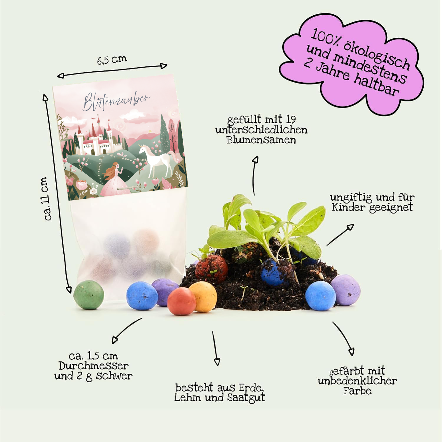 10 Tütchen mit je 5 bunten Blumenmurmeln als nachhaltiges Mitgebsel-Die Stadtgärtner