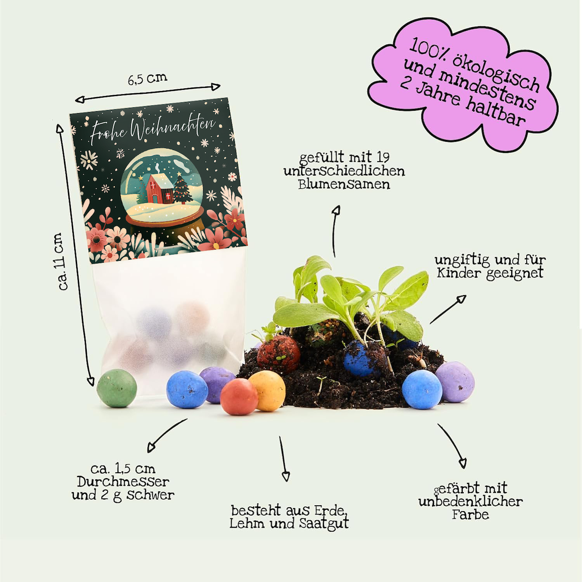 10 Tütchen mit je 5 bunten Blumenkugeln als Weihnachtsgeschenk-Die Stadtgärtner