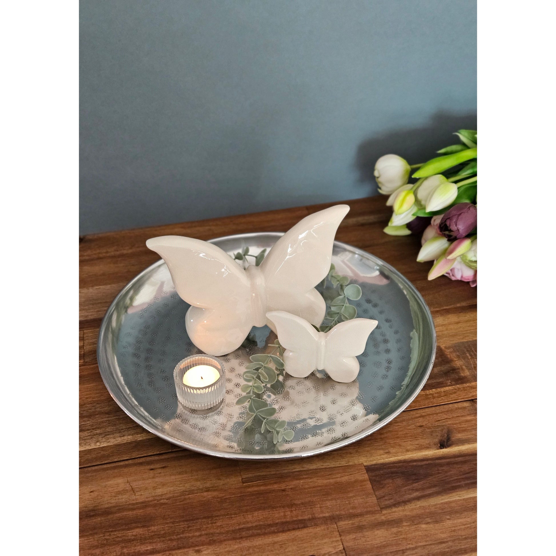 Dekoteller Dekoschale silber Metallschale Hammerschlag Unikat Kerzentablett Kerzenschale