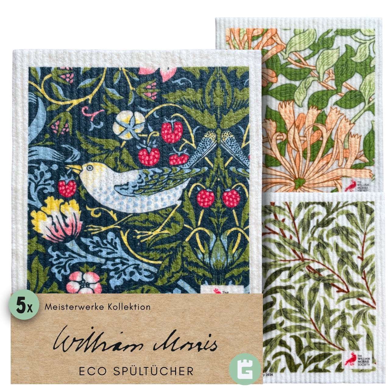 5x Art Spültücher bedruckt Set - William Morris Meisterwerke