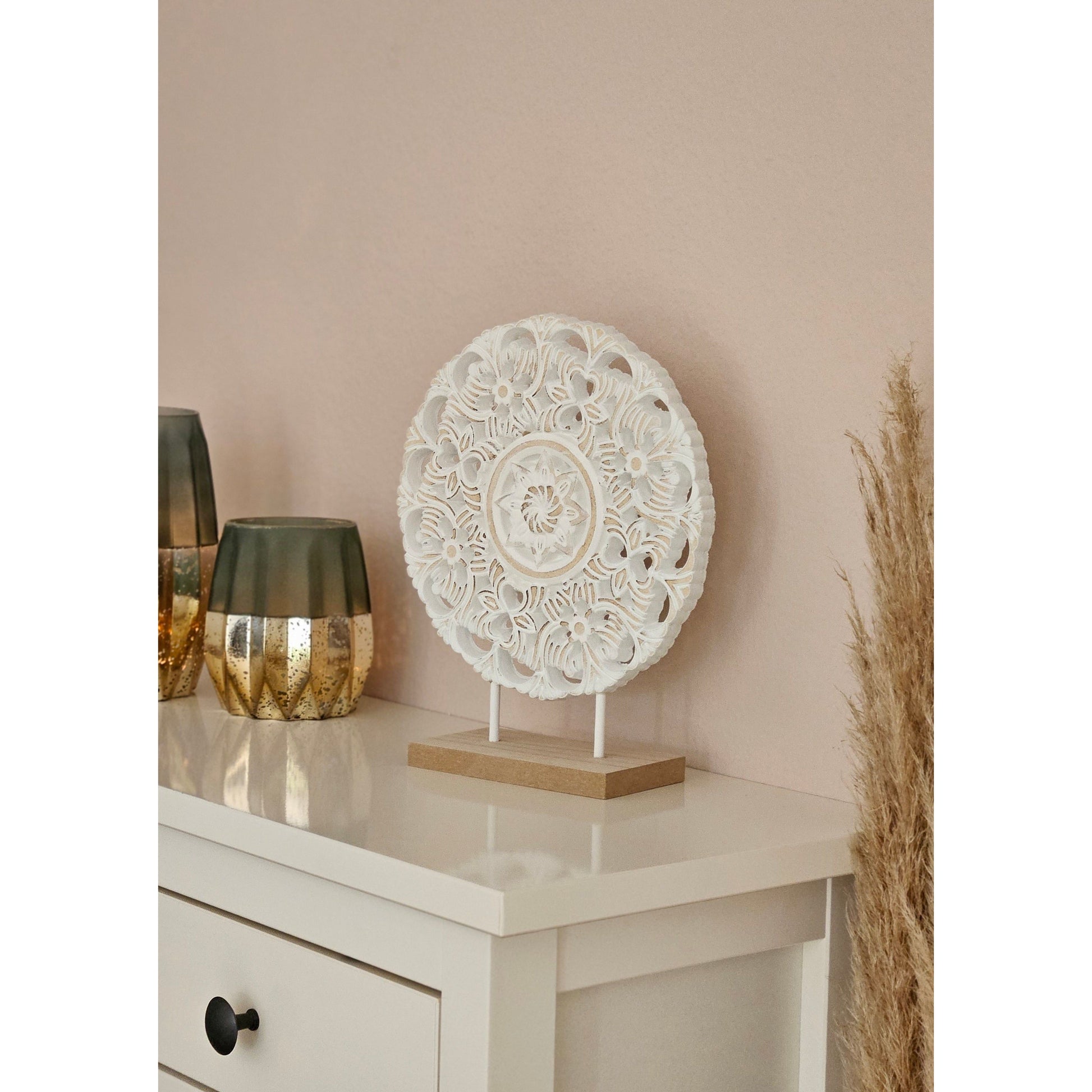 Ornament mit Sockel Aufsteller Holzbild Schabby Vintage Blumenmuster Rund Ø 23cm