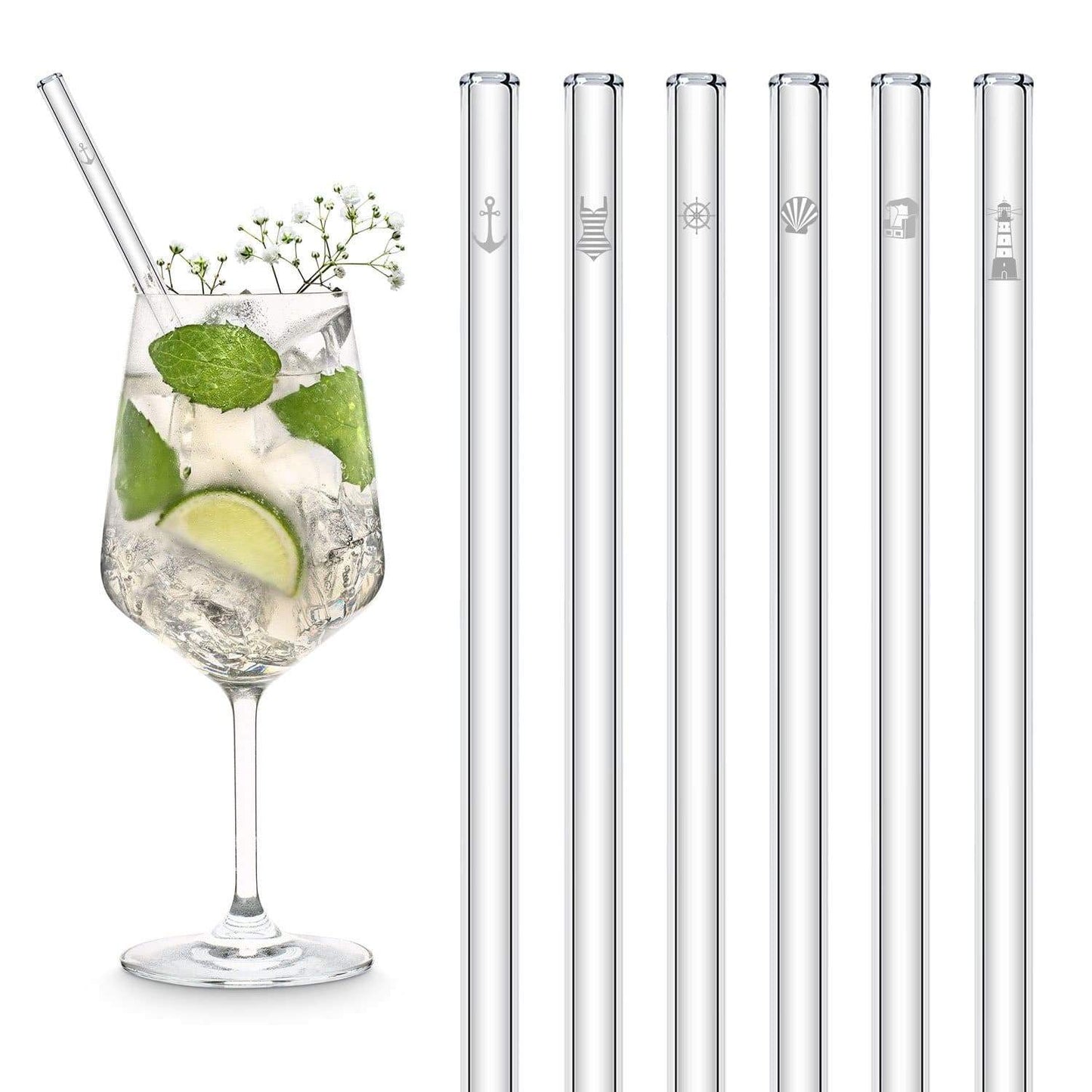 Ostsee Motive Edition gravierte Glastrinkhalme Maritime Deko 6 Stück