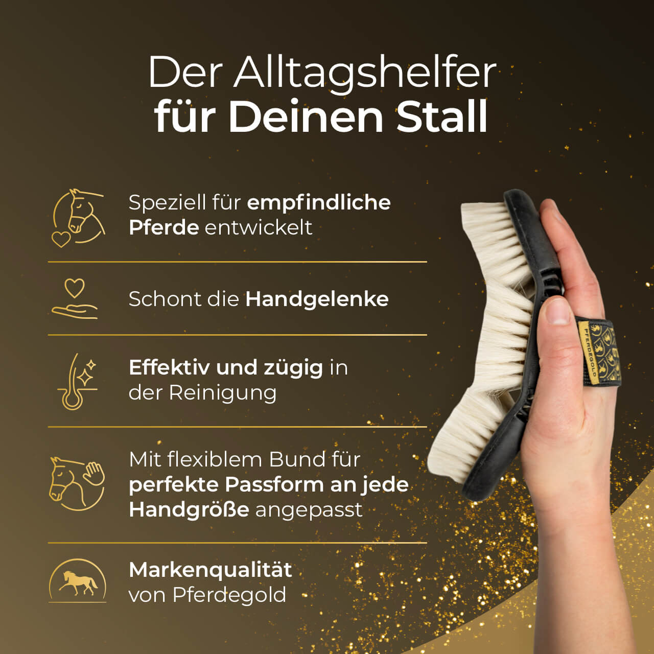 Brustelbürste für Pferdefell mit elastischer Handschlaufe und Flexibilität-Pferdegold®